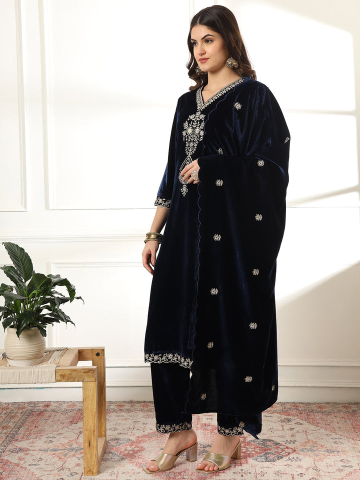 Navy Blue Embroidered Velvet Straight Suit Set With Dupatta
