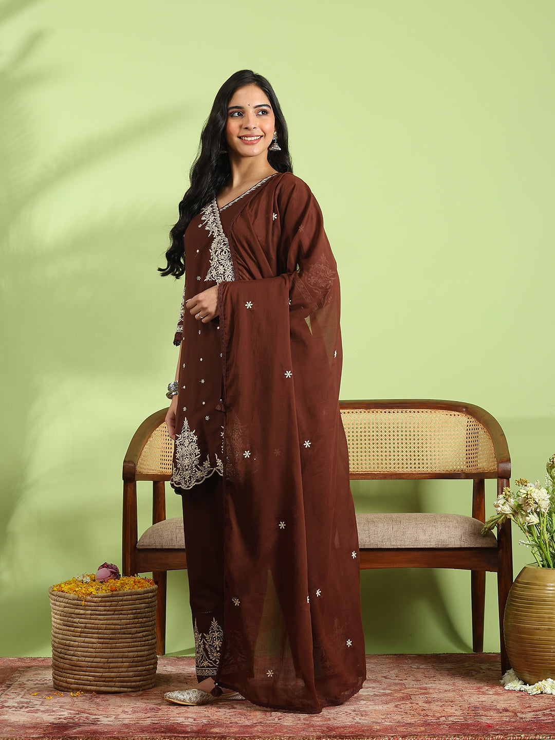 Embroidered Cotton Kurta With Pant &amp; Dupatta