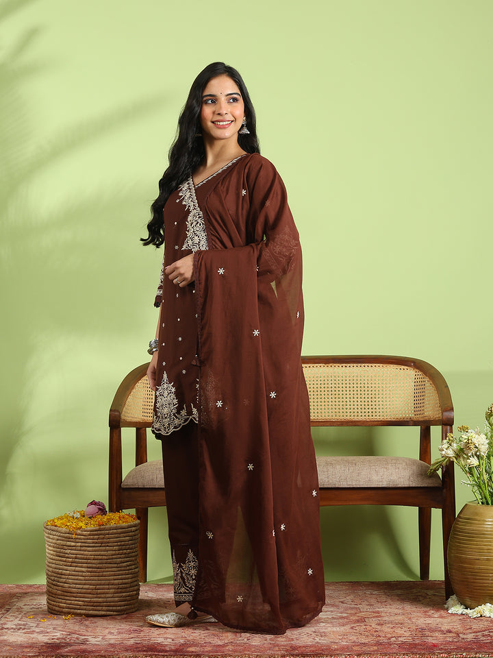 Embroidered Cotton Kurta With Pant &amp; Dupatta
