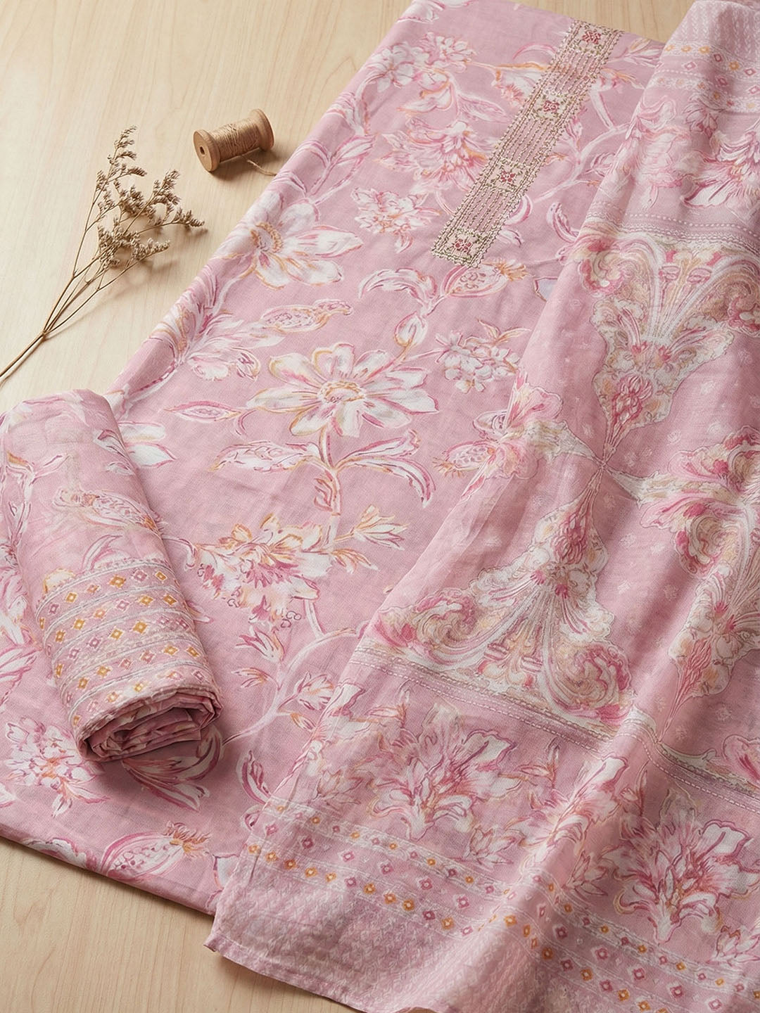 Embroidered Cotton Blend Unstitched Suit With Pant &amp; Dupatta