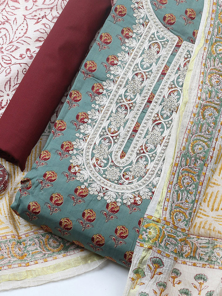 Printed Cotton Blend Unstitched Suit With Pant &amp; Dupatta