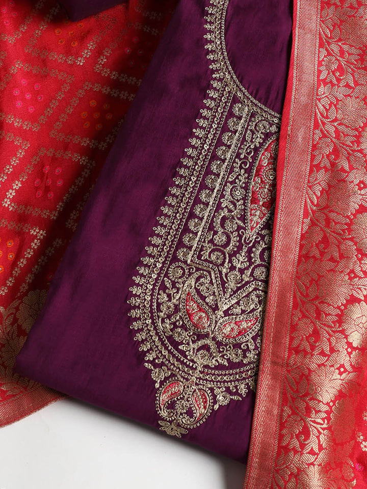 Embroidered Chanderi Unstitched Suit With Dupatta