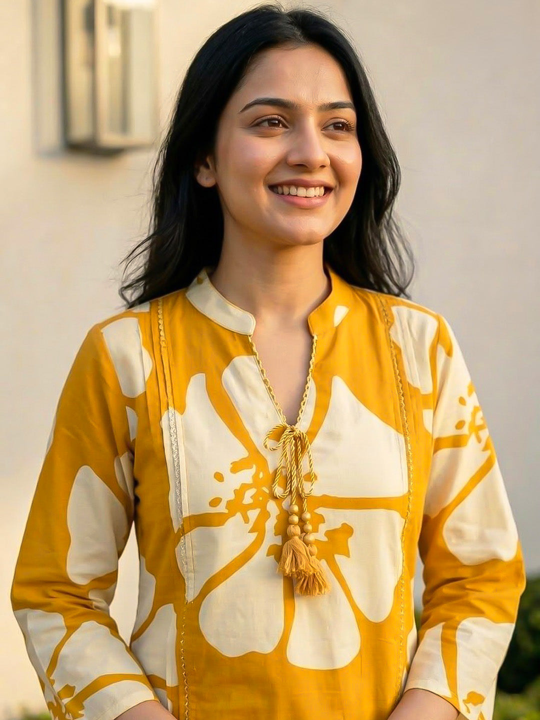 Yellow Printed Cotton Blend V Neck Kurta Set