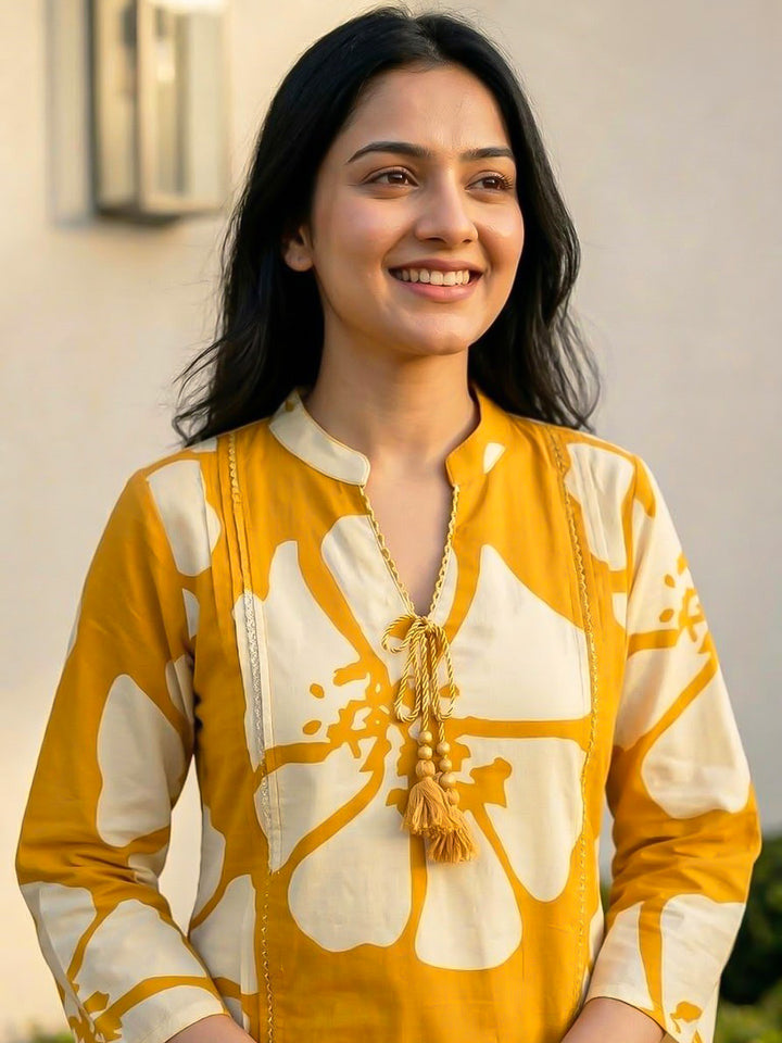 Yellow Printed Cotton Blend V Neck Kurta Set