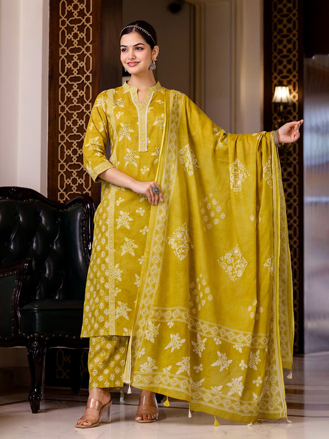 Printed Cotton Blend Kurta With Pants & Dupatta
