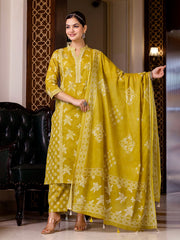 Printed Cotton Blend Kurta With Pants & Dupatta