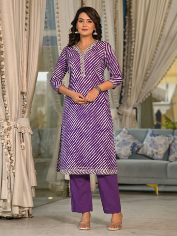 Leheriya Printed Cotton Suit Set With Dupatta