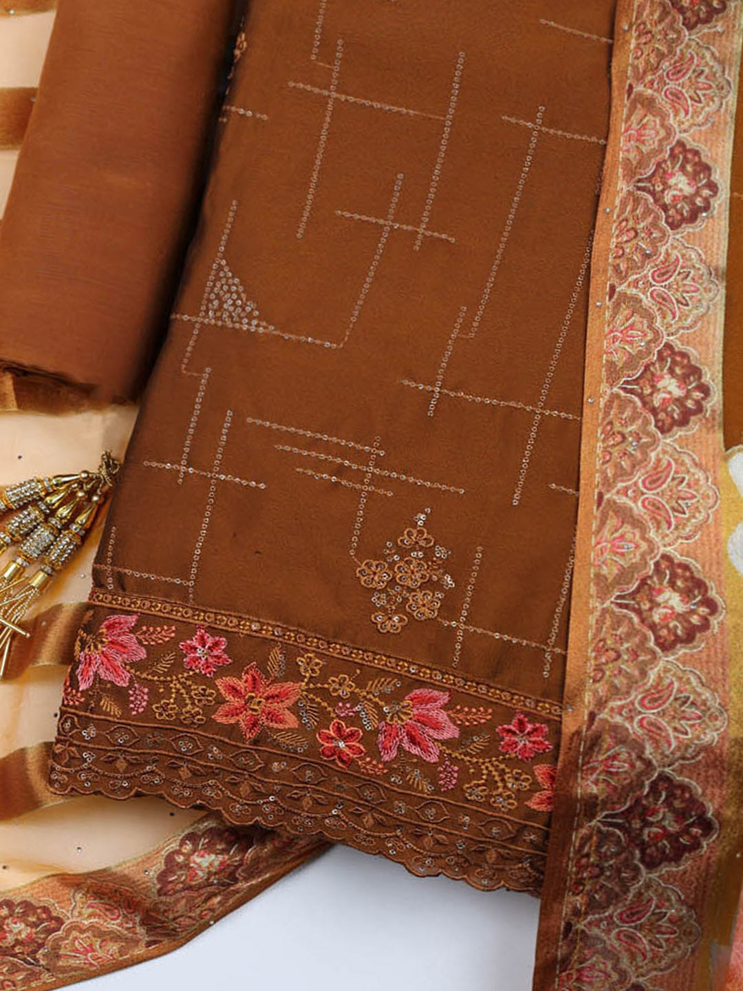 Woven Design Georgette Unstitched Suit With Pant &amp; Dupatta