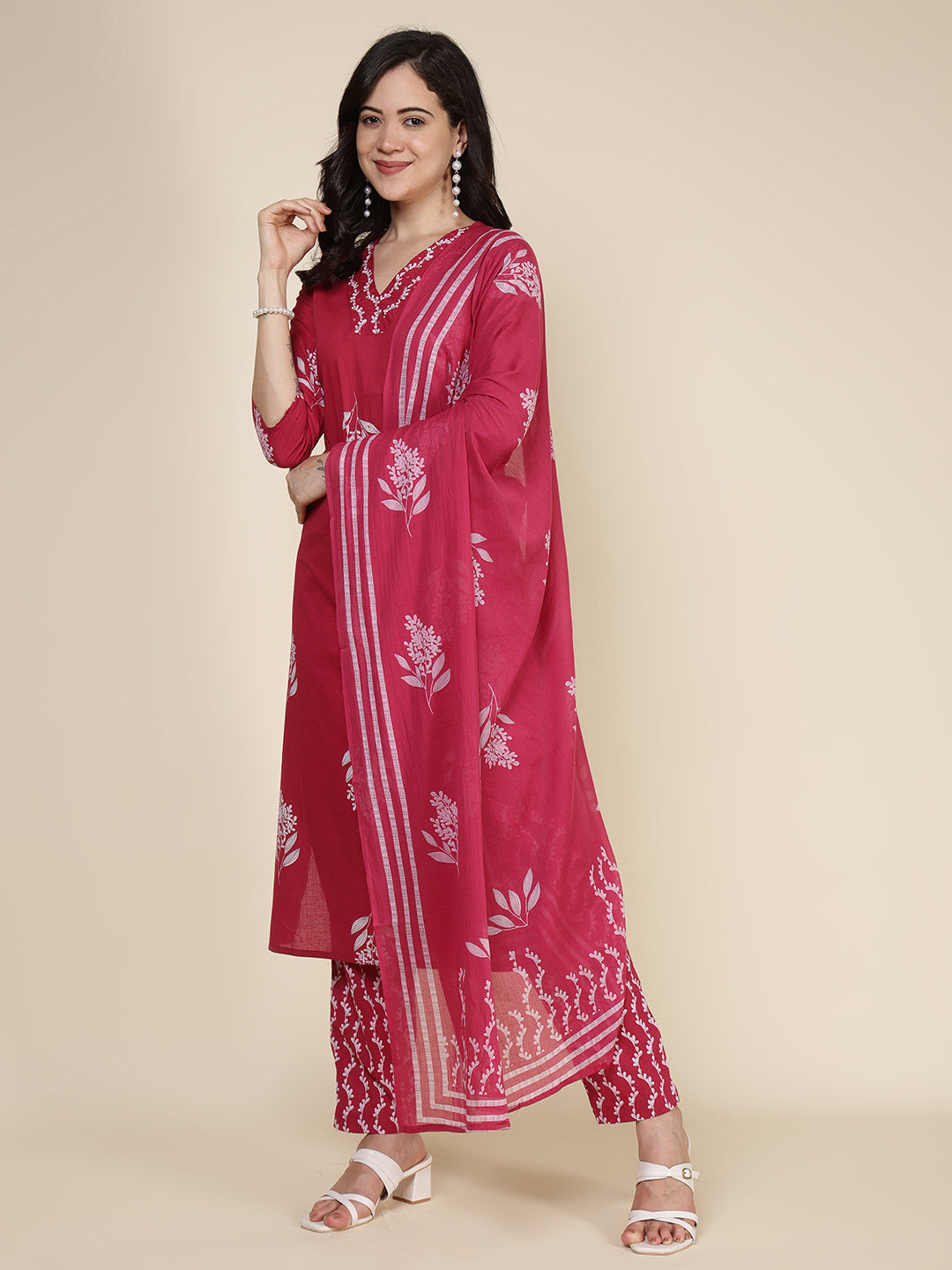 Printed Cotton Blend Kurta With Pants &amp; Dupatta