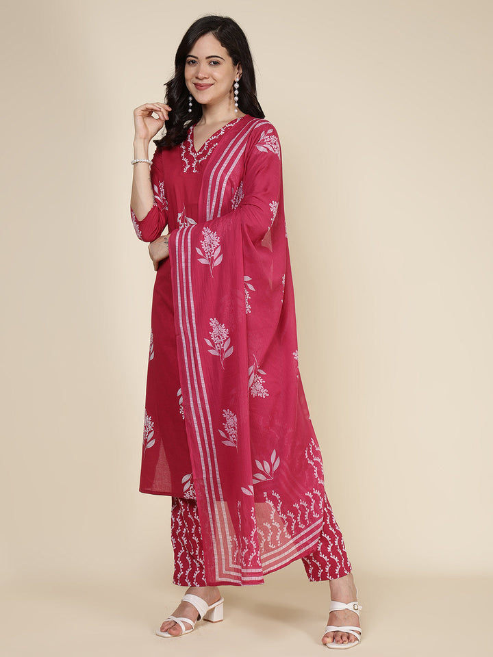 Printed Cotton Blend Kurta With Pants &amp; Dupatta