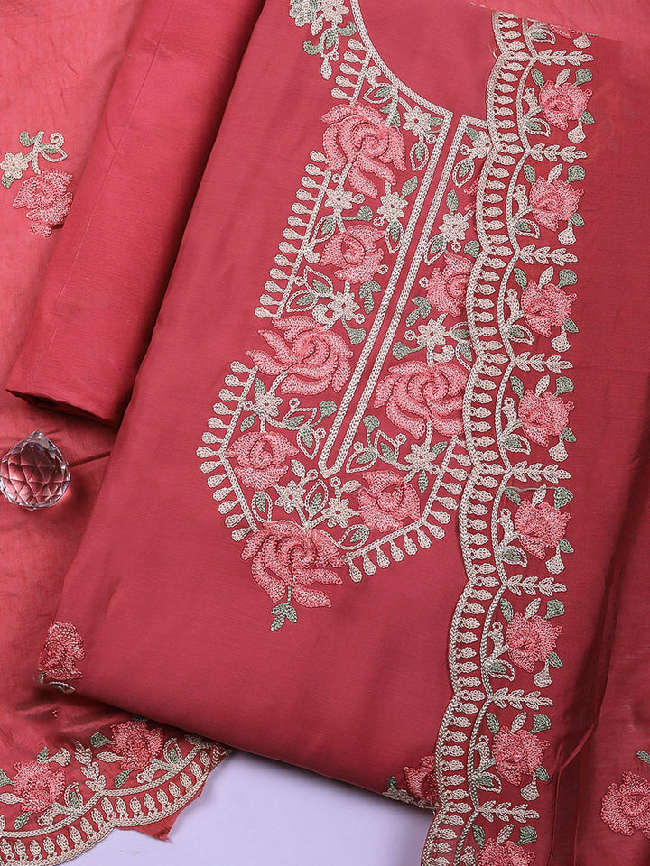 Embroidered Chanderi Unstitched Suit With Pant &amp; Dupatta