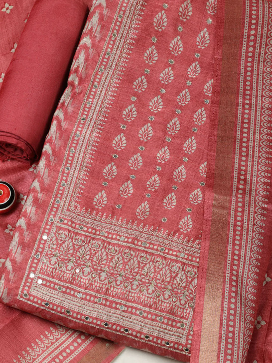Embroidered Chanderi Unstitched Suit With Pant &amp; Dupatta