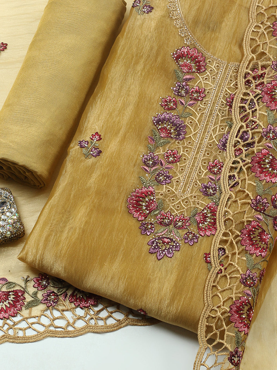 Embroidered Tissue Unstitched Suit With Pant &amp; Dupatta