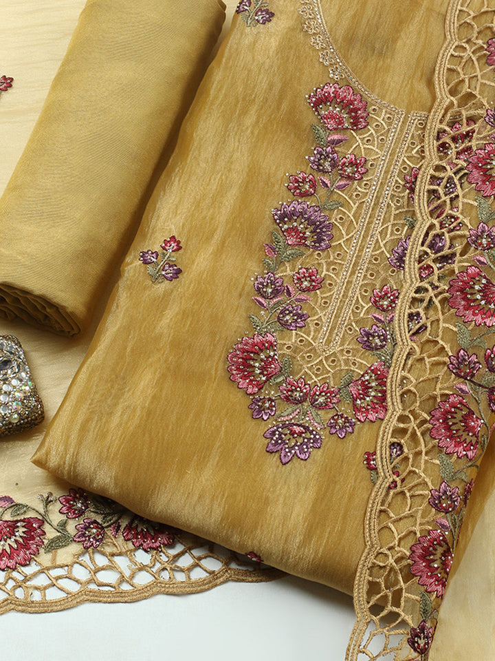 Embroidered Tissue Unstitched Suit With Pant &amp; Dupatta