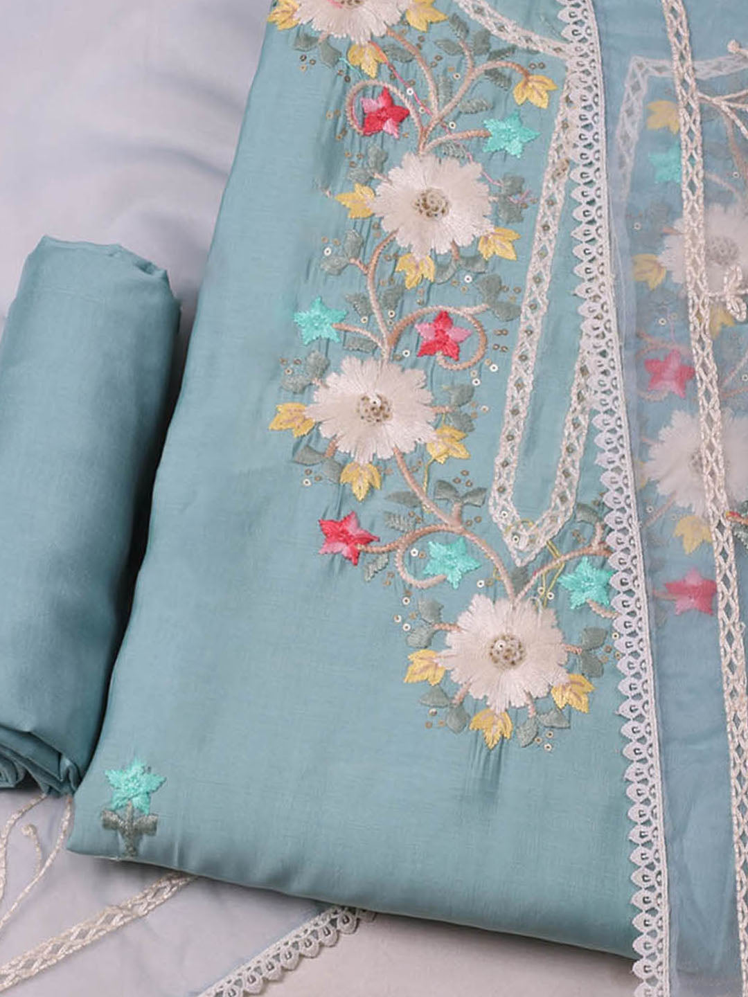 Embroidered Chanderi Unstitched Suit With Pant &amp; Dupatta