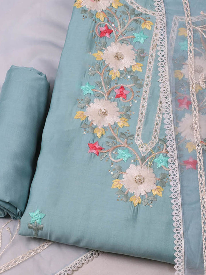 Embroidered Chanderi Unstitched Suit With Pant &amp; Dupatta