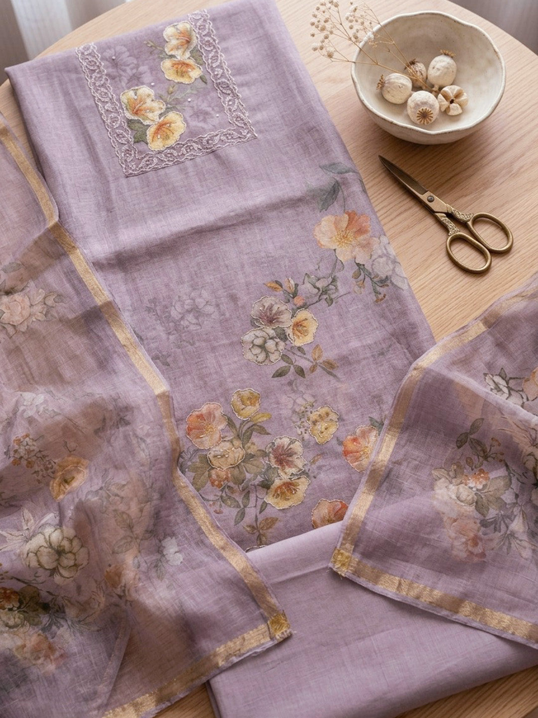 Embroidered Linen Blend Unstitched Suit With Pant &amp; Dupatta