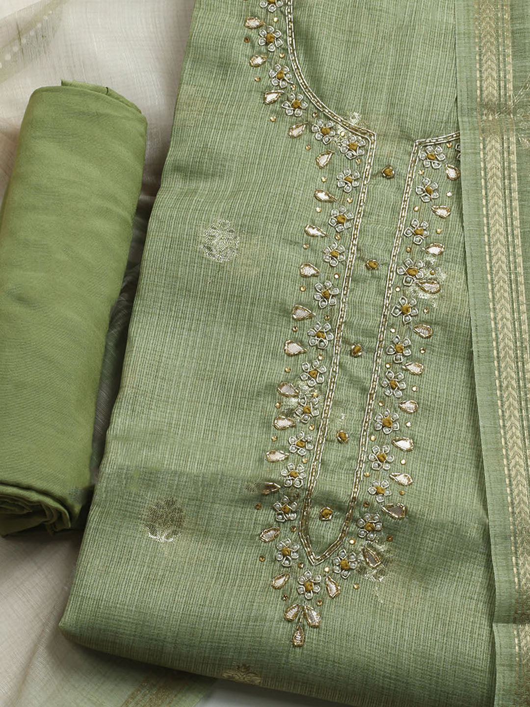 Embroidered Linen Unstitched Kurta With Pant & Dupatta