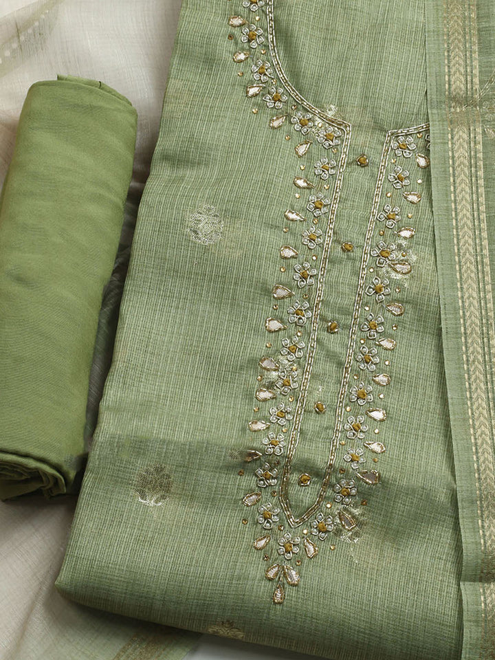 Embroidered Linen Unstitched Kurta With Pant &amp; Dupatta