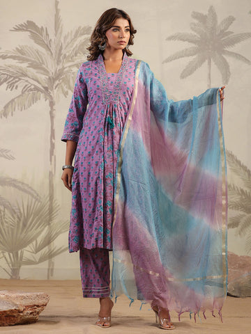 Digital Floral Printed Cotton Blend Kurta With Pants & Dupatta