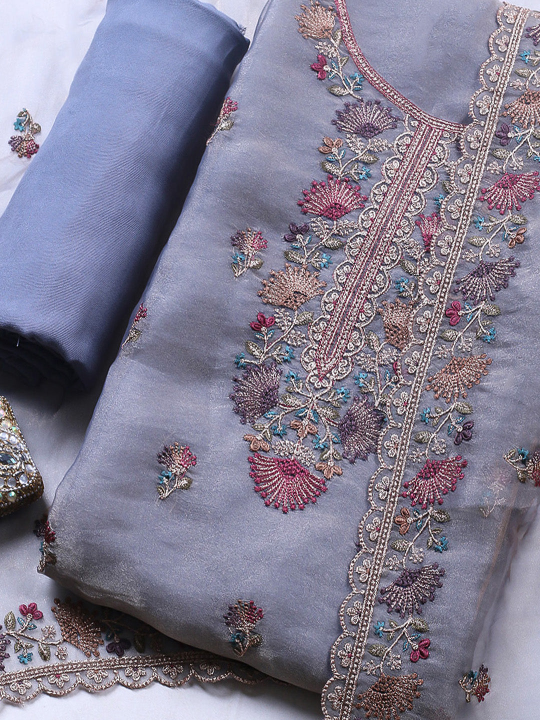 Embroidered Organza Unstitched Suit With Pant &amp; Dupatta