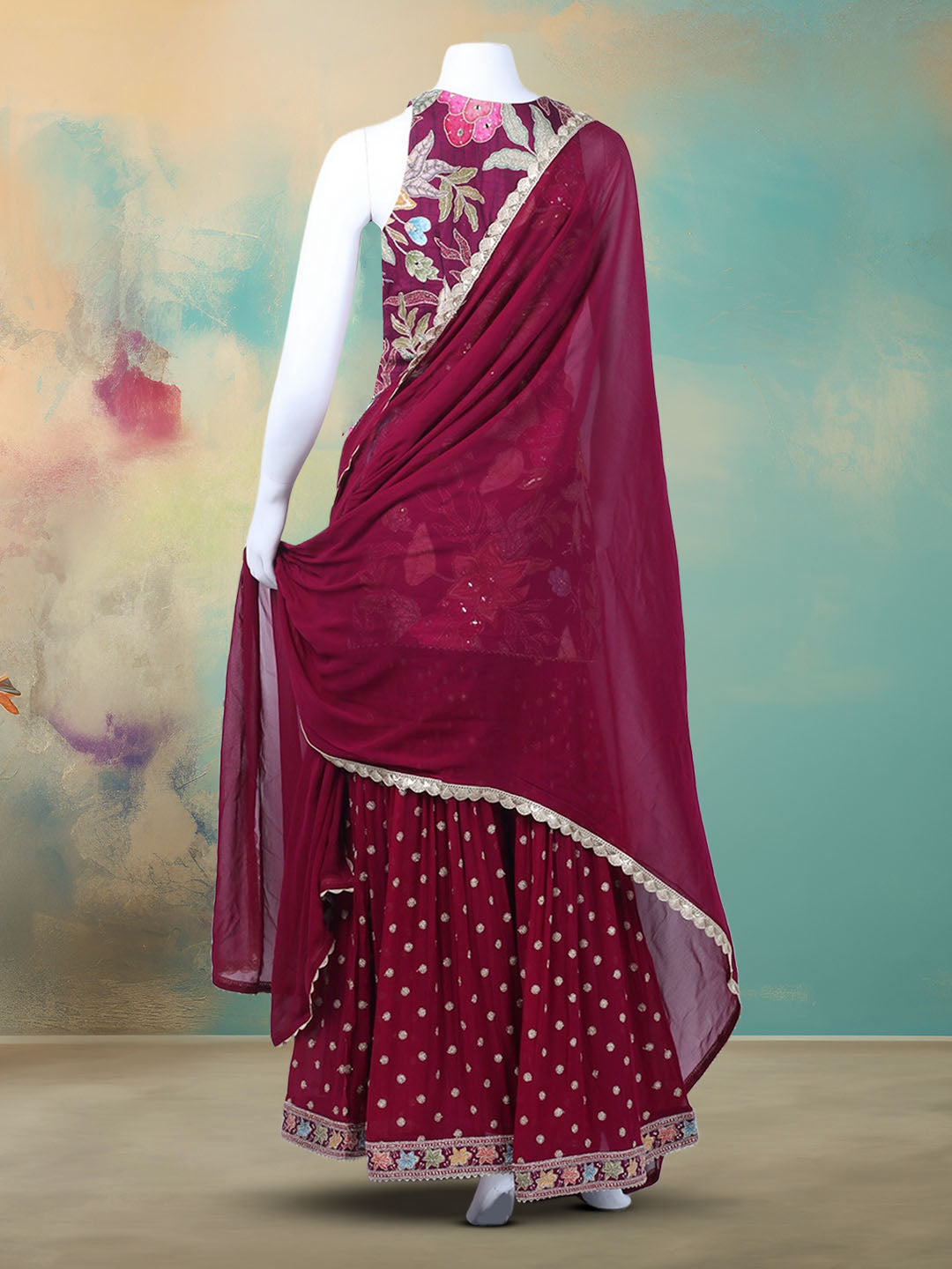 Embroidered Georgette Kurta With Garara & Dupatta