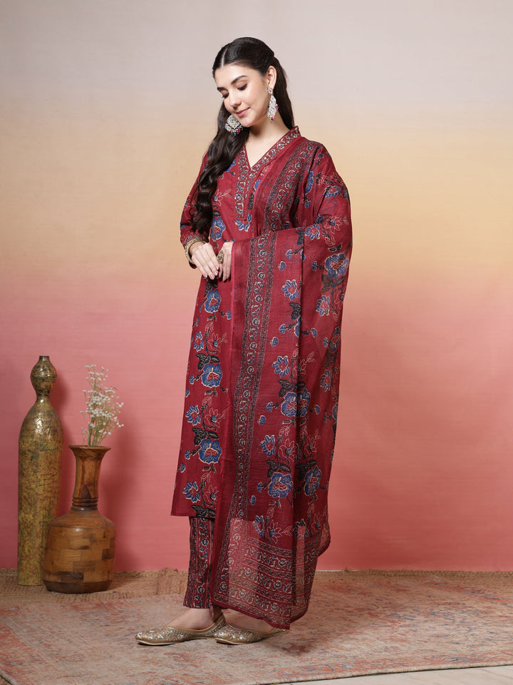 Embroidered Cotton Kurta With Pant &amp; Dupatta