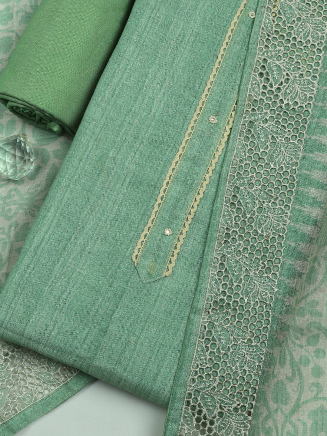 Embroidered Linen Blend Unstitched Suit With Pant &amp; Dupatta