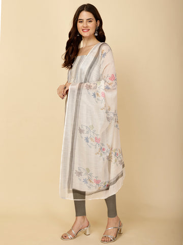 Striped Printed Linen Unstitched Suit Piece With Dupatta