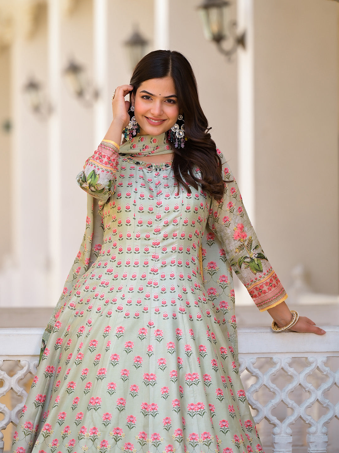 Digital Printed Anarkali Kurta With Churidar &amp; Dupatta