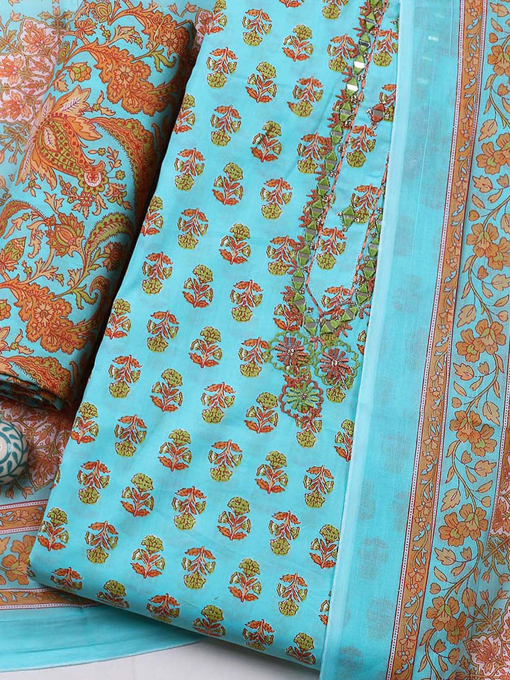 Embellished Cotton Blend Unstitched Suit With Pant &amp; Dupatta