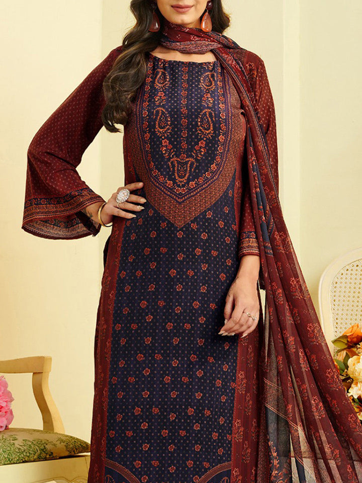 Printed Crepe Unstitched Suit With Pant &amp; Dupatta