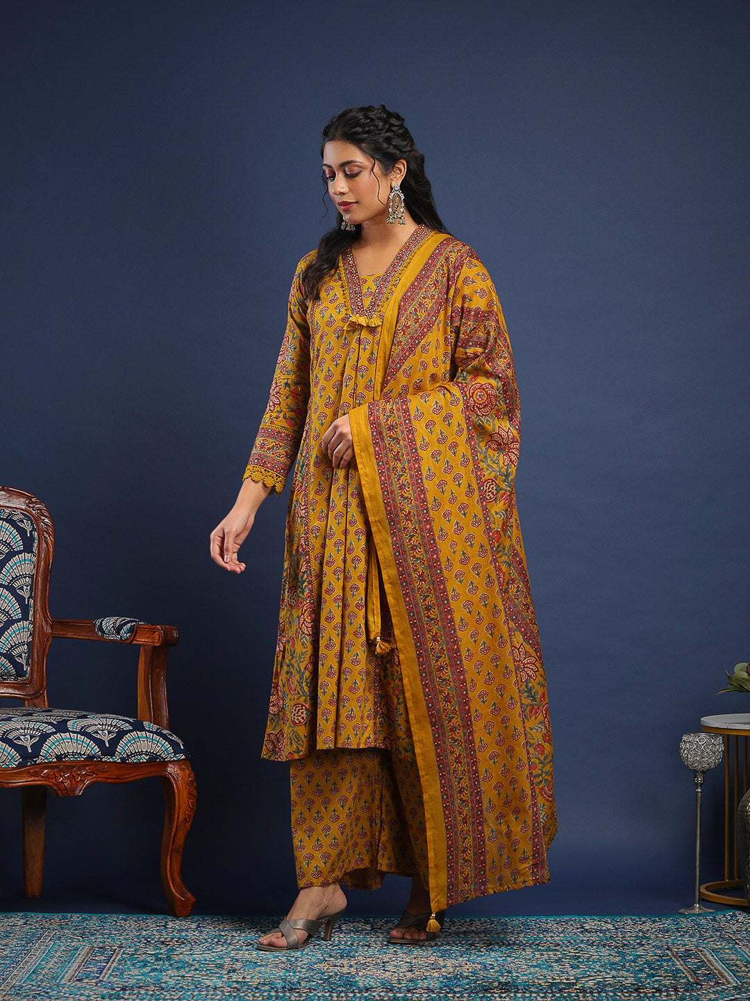 Mustard Cotton Blend Printed Straight Suit Set