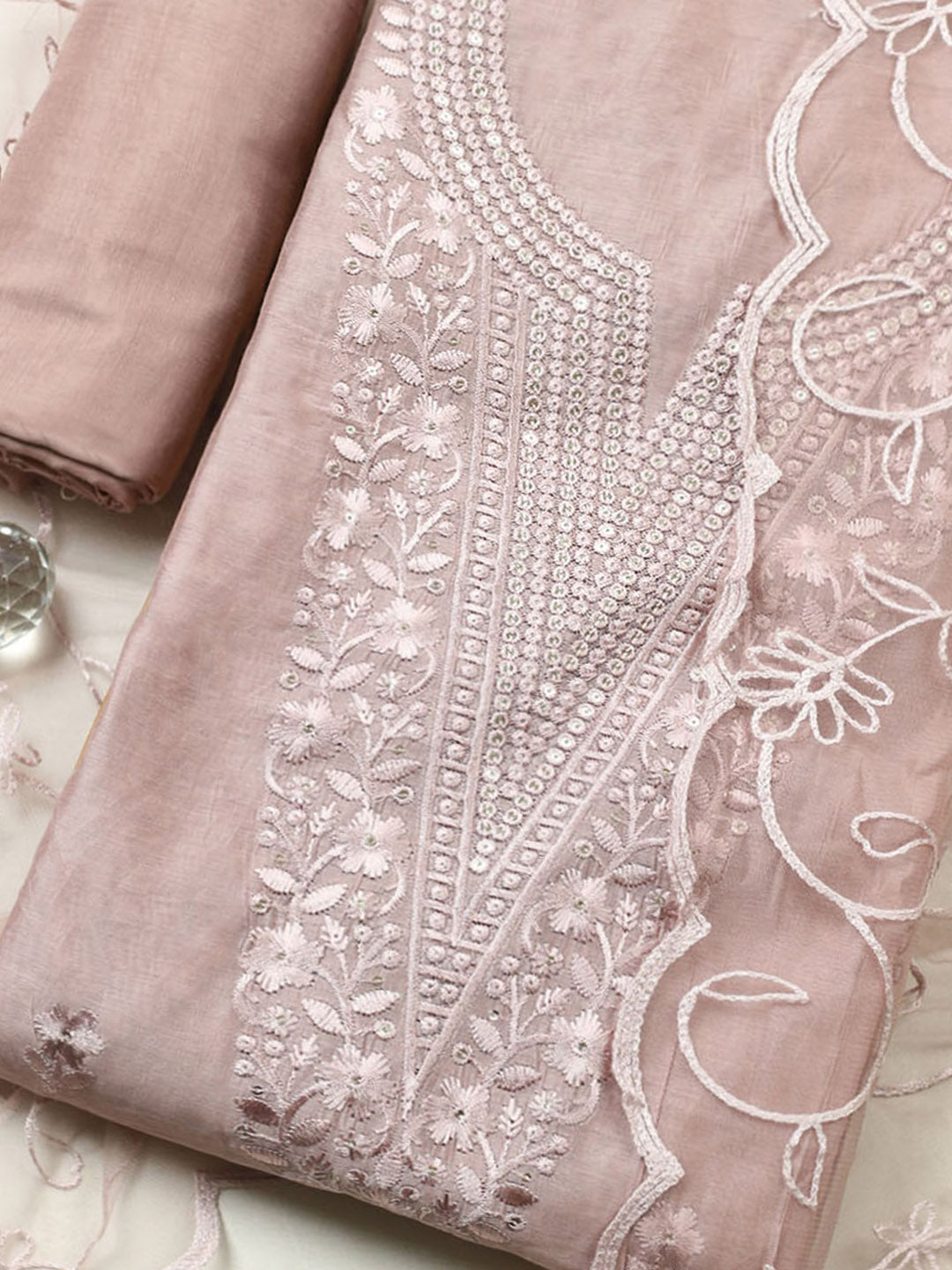 Embroidered Chanderi Unstitched Suit With Pant &amp; Dupatta