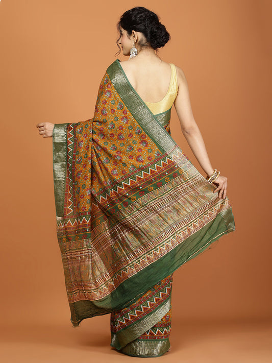 Floral Zari Border Printed Art Silk Woven Saree