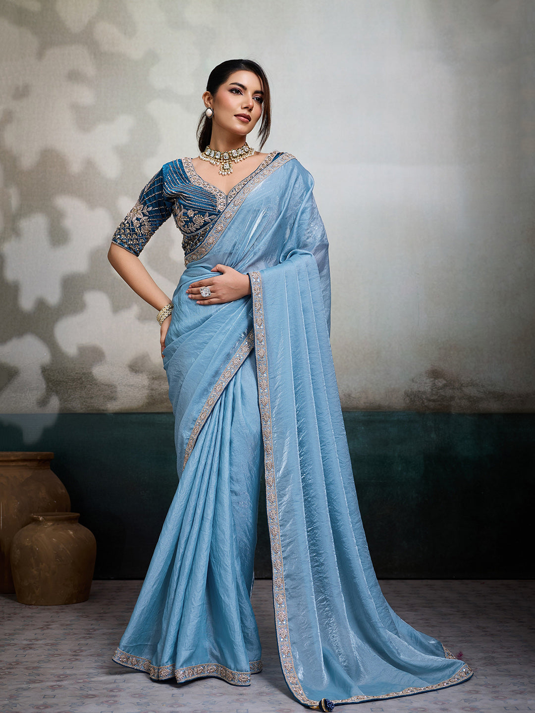 Embroidered Satin Saree With Readymade Blouse – Meenabazaar