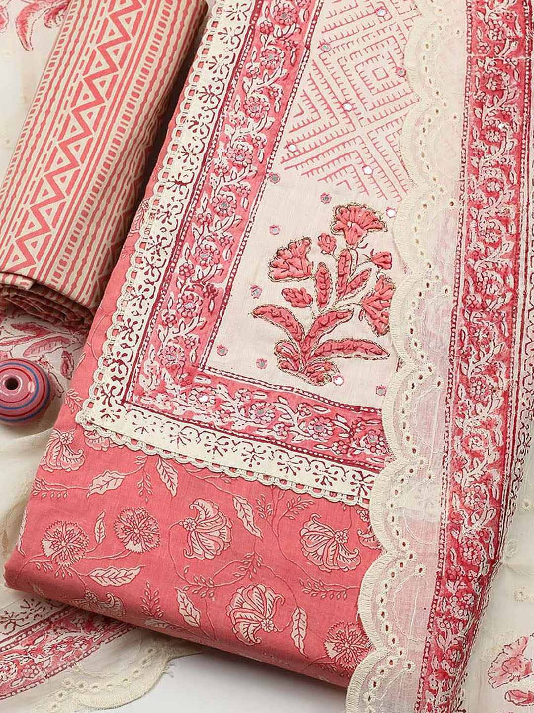 Printed Cotton Blend Unstitched Suit With Pant &amp; Dupatta