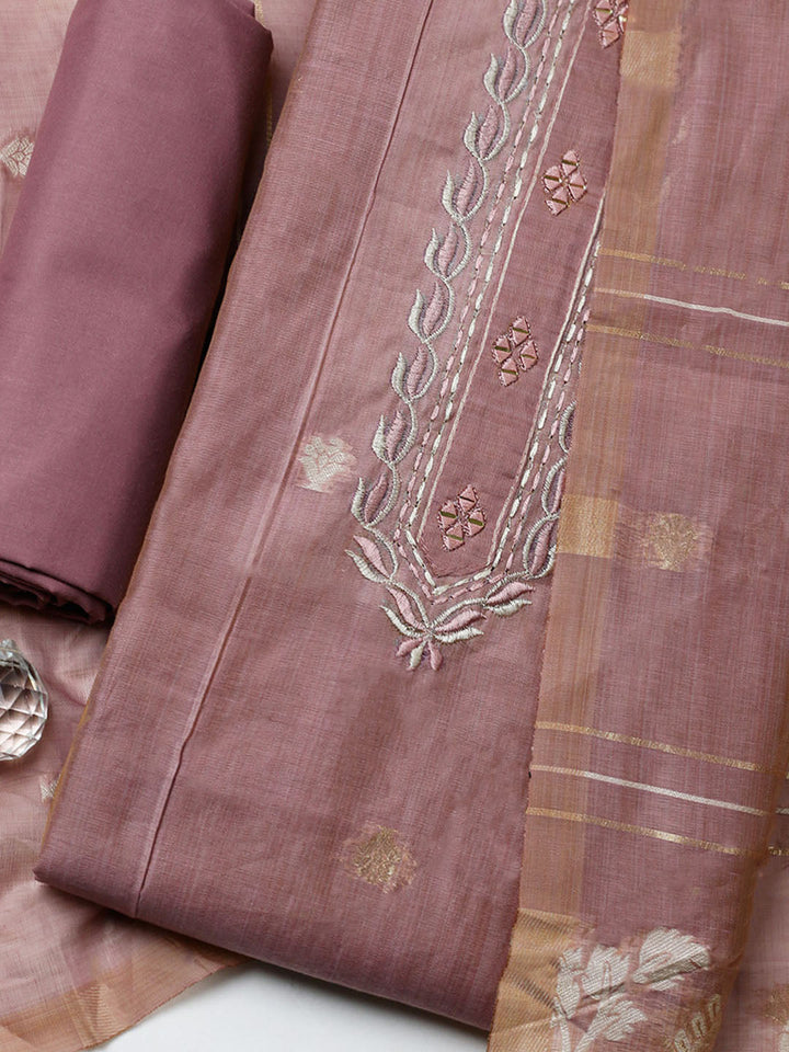 Embroidered Cotton Blend Unstitched Suit With Pant &amp; Dupatta