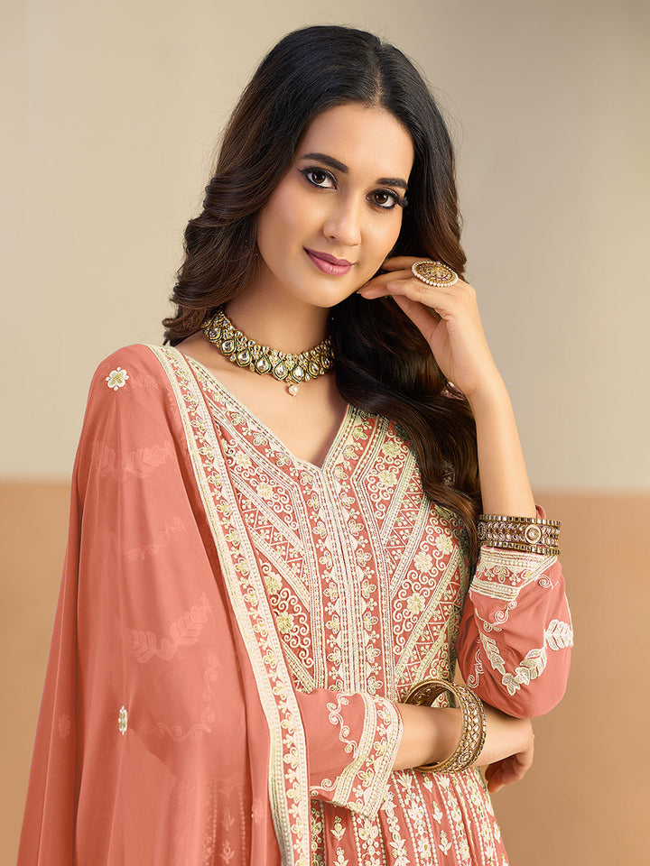 Embroidered Geogrette Semi Stitched Gown With Pant &amp; Dupatta