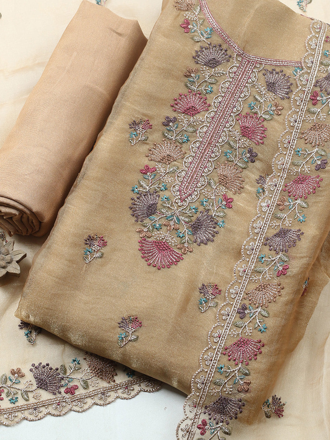 Embroidered Organza Unstitched Suit With Pant &amp; Dupatta