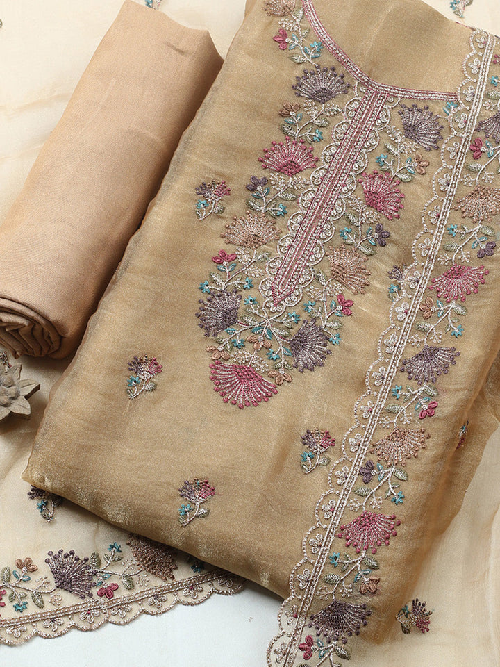 Embroidered Organza Unstitched Suit With Pant &amp; Dupatta