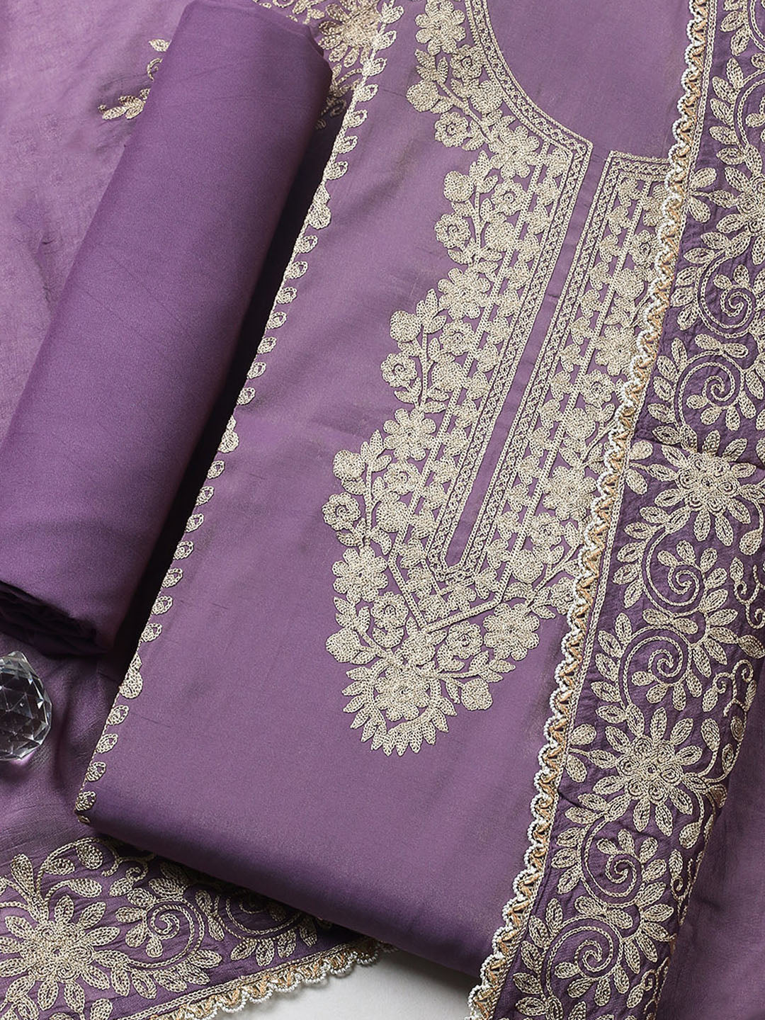 Embroidered Chanderi Unstitched Suit With Pant &amp; Dupatta