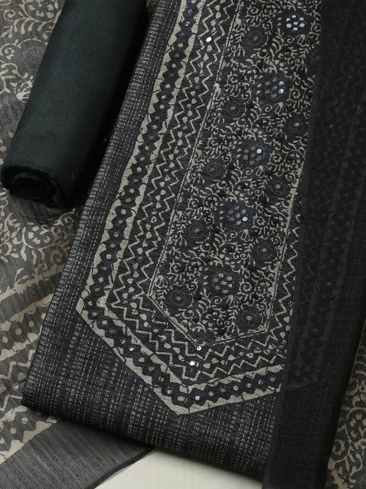 Printed Chanderi Unstitched Suit With Pant &amp; Dupatta