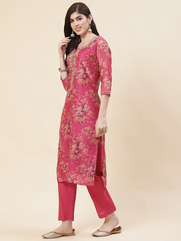 Printed Chanderi Kurta With Pants