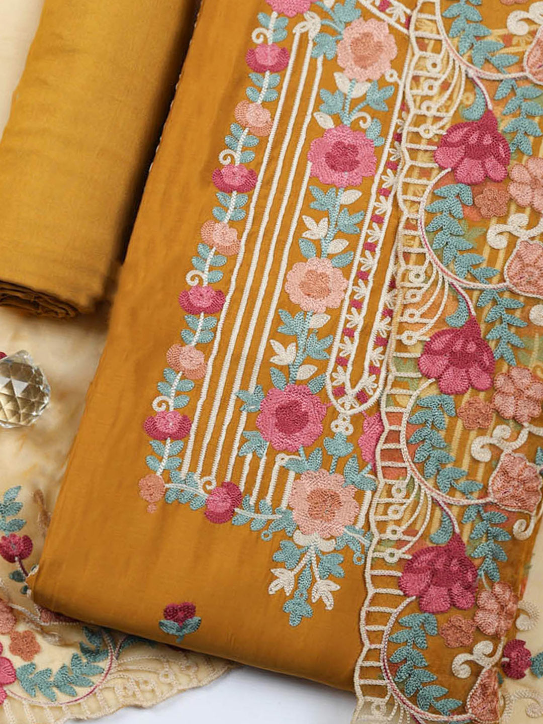 Embroidered Cotton Blend Unstitched Suit With Pant &amp; Dupatta