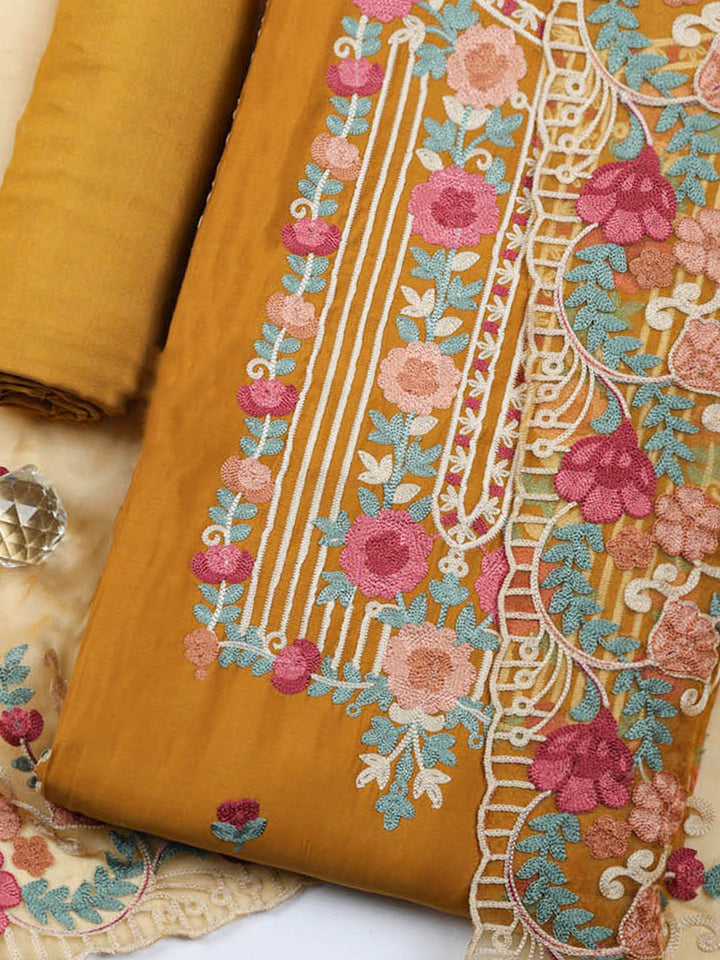 Embroidered Cotton Blend Unstitched Suit With Pant &amp; Dupatta