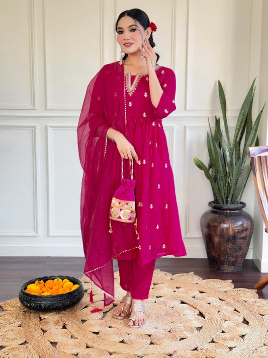 Neck Embroidery Cotton Blend Kurta With Pants & Dupatta