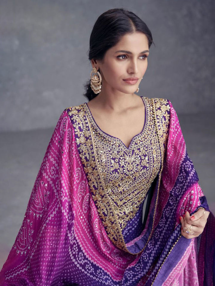 Embroidered &amp; Sequin Round Neck Chinnon Plazzo And Kurta