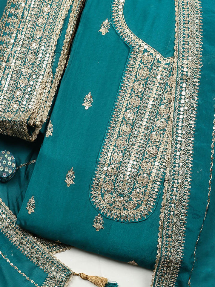 Embroidered Chinon Unstitched Suit With Pant &amp; Dupatta