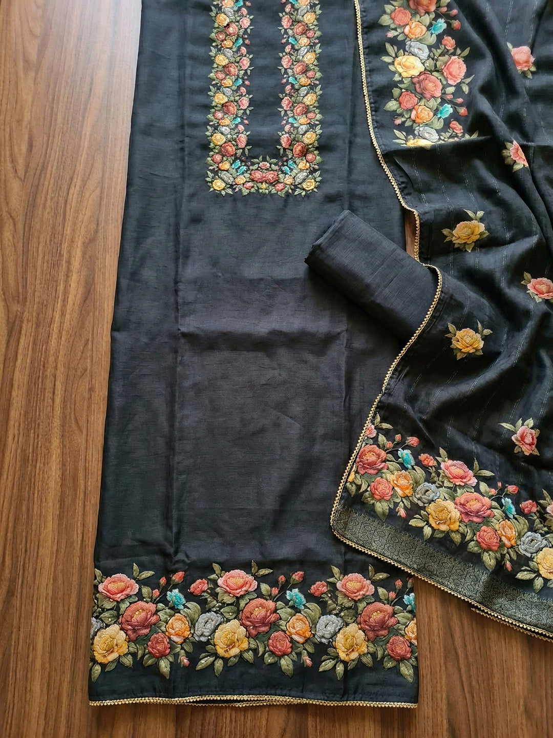 Embroidered Chanderi Unstitched Suit With Pant &amp; Dupatta